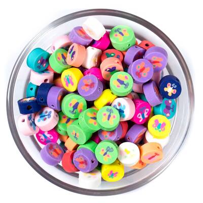 10 Adet, Karışık Renkli Kelebek Desenli Polimer Fimo Boncuk, Polimer Kil Boncuk. 1. Kalite - 1