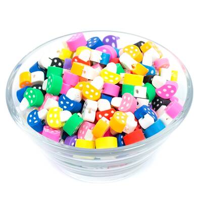 10 Adet, Karışık Renkli Mantar Desenli Polimer Fimo Boncuk, Polimer Kil Boncuk. 1. Kalite - 2