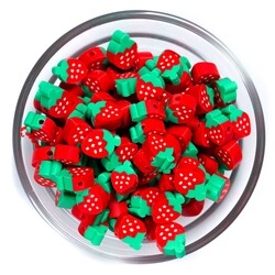 10 Adet, Kırmızı Çilek Desenli Polimer Fimo Boncuk, Polimer Kil Boncuk. 1. Kalite - 1