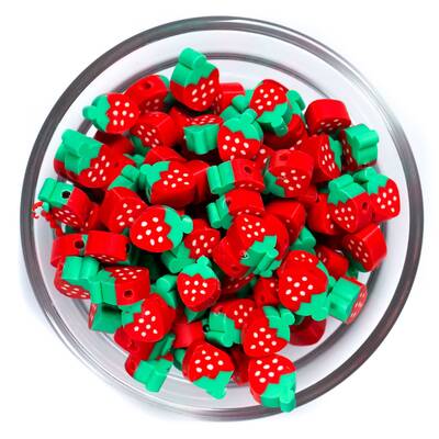 10 Adet, Kırmızı Çilek Desenli Polimer Fimo Boncuk, Polimer Kil Boncuk. 1. Kalite - 1