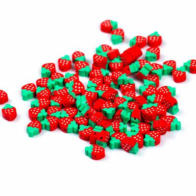 10 Adet, Kırmızı Çilek Desenli Polimer Fimo Boncuk, Polimer Kil Boncuk. 1. Kalite - 3