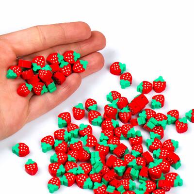 10 Adet, Kırmızı Çilek Desenli Polimer Fimo Boncuk, Polimer Kil Boncuk. 1. Kalite - 4