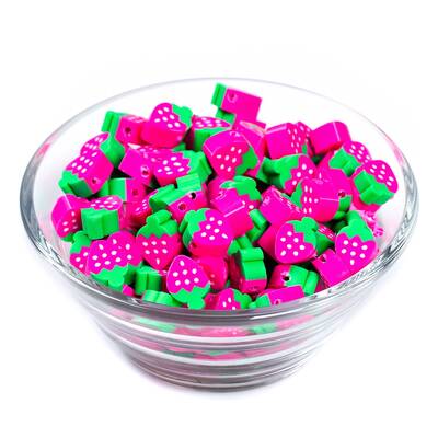 10 Adet, Koyu Pembe Çilek Desenli Polimer Fimo Boncuk, Polimer Kil Boncuk. 1. Kalite - 2
