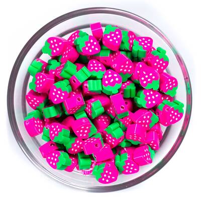 10 Adet, Koyu Pembe Çilek Desenli Polimer Fimo Boncuk, Polimer Kil Boncuk. 1. Kalite - 1