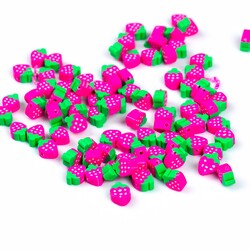 10 Adet, Koyu Pembe Çilek Desenli Polimer Fimo Boncuk, Polimer Kil Boncuk. 1. Kalite - 3