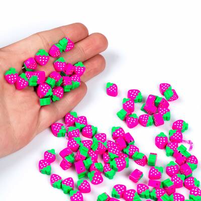 10 Adet, Koyu Pembe Çilek Desenli Polimer Fimo Boncuk, Polimer Kil Boncuk. 1. Kalite - 4