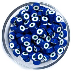 10 Adet, Mavi Renkli Nazar Desenli Polimer Fimo Boncuk, Polimer Kil Boncuk. 1. Kalite - 1