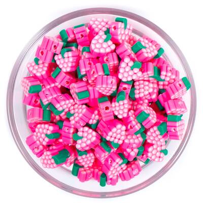 10 Adet, Pembe Böğürtlen Desenli Polimer Fimo Boncuk, Polimer Kil Boncuk. 1. Kalite - 1