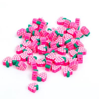 10 Adet, Pembe Böğürtlen Desenli Polimer Fimo Boncuk, Polimer Kil Boncuk. 1. Kalite - 3