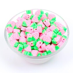 10 Adet, Pembe Çilek Figürlü Polimer Fimo Boncuk, Polimer Kil Boncuk. 1. Kalite - 2