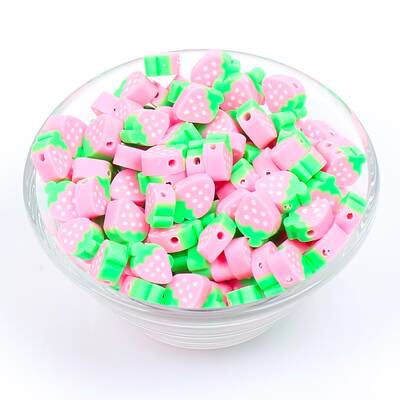 10 Adet, Pembe Çilek Figürlü Polimer Fimo Boncuk, Polimer Kil Boncuk. 1. Kalite - 2