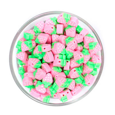 10 Adet, Pembe Çilek Figürlü Polimer Fimo Boncuk, Polimer Kil Boncuk. 1. Kalite - 1