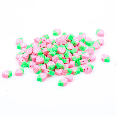 10 Adet, Pembe Çilek Figürlü Polimer Fimo Boncuk, Polimer Kil Boncuk. 1. Kalite - 3
