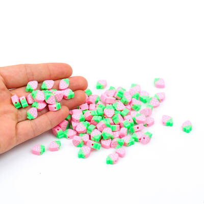 10 Adet, Pembe Çilek Figürlü Polimer Fimo Boncuk, Polimer Kil Boncuk. 1. Kalite - 4