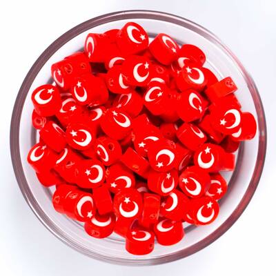10 Adet, Türk Bayrağı Desenli Polimer Fimo Boncuk, Polimer Kil Boncuk. 1. Kalite - 1