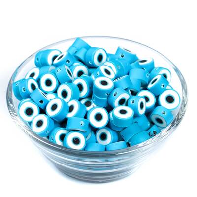 10 Adet, Turkuaz Renkli Nazar Desenli Polimer Fimo Boncuk, Polimer Kil Boncuk. 1. Kalite - 2