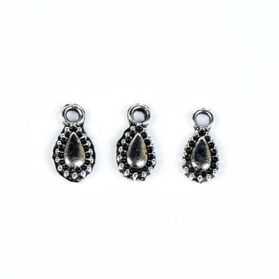 12 Adet - 11 mm Damla Desenli Metal Uç, Takı Malzemesi, Boyalı Gümüş Kaplama - 2