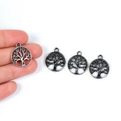2 Adet - 19 mm Yaşam Ağacı Desenli Metal Uç, Takı Malzemesi, Boyalı Gümüş Kaplama - 1
