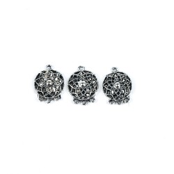2 Adet - 21 mm Yuvarlak Desenli Metal Uç, Takı Malzemesi, Boyalı Gümüş Kaplama - 2
