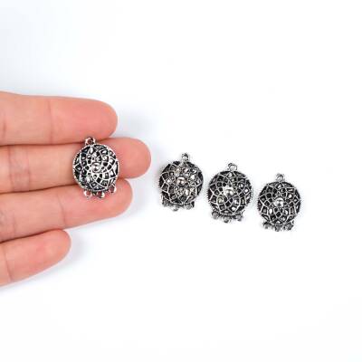 2 Adet - 21 mm Yuvarlak Desenli Metal Uç, Takı Malzemesi, Boyalı Gümüş Kaplama - 1