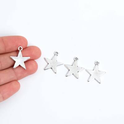 2 Adet - 22 mm Yıldız Desenli Metal Uç, Takı Malzemesi, Boyalı Gümüş Kaplama - 1