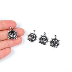 2 Adet - 23 mm Güneş Desenli Metal Uç, Takı Malzemesi, Boyalı Gümüş Kaplama - 1
