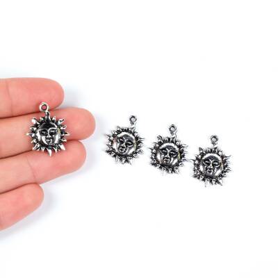 2 Adet - 23 mm Güneş Desenli Metal Uç, Takı Malzemesi, Boyalı Gümüş Kaplama - 1