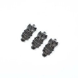 2 Adet - 24 mm Baykuş Desenli Metal Uç, Takı Malzemesi, Boyalı Gümüş Kaplama - 3