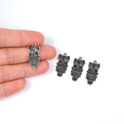2 Adet - 24 mm Baykuş Desenli Metal Uç, Takı Malzemesi, Boyalı Gümüş Kaplama - 1