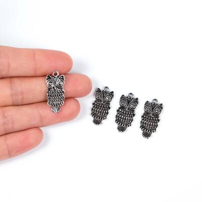 2 Adet - 24 mm Baykuş Desenli Metal Uç, Takı Malzemesi, Boyalı Gümüş Kaplama - 1