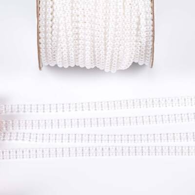 2 Metre - 4 mm Çift Sıralı Şerit Yarım İnci Boncuk, Beyaz Renk Şerit Yarım İnci Plastik Boncuk, Dizili Yarım İnci Şerit - 3
