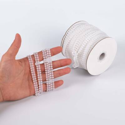 2 Metre - 4 mm Çift Sıralı Şerit Yarım İnci Boncuk, Beyaz Renk Şerit Yarım İnci Plastik Boncuk, Dizili Yarım İnci Şerit - 1