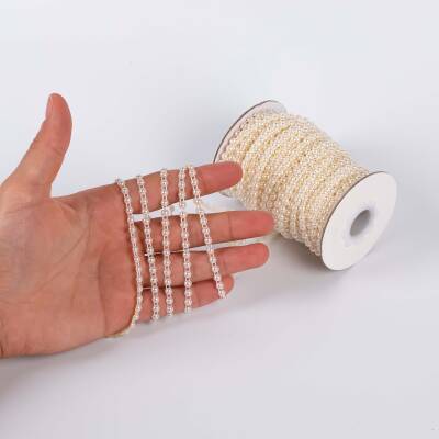 2 Metre - 4 mm Şerit Yarım İnci Boncuk, Krem Renk Şerit Yarım İnci Plastik Boncuk, Dizili Yarım İnci Şerit - 1