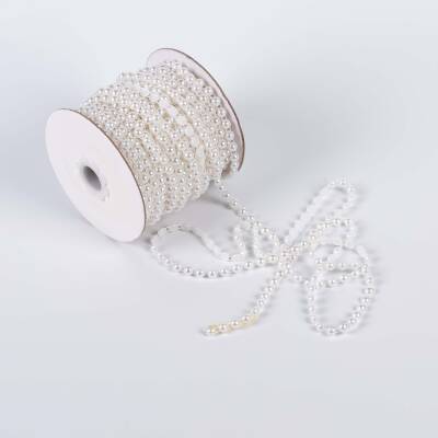 2 Metre - 6 mm Şerit Yarım İnci Boncuk, Beyaz Renk Şerit Yarım İnci Plastik Boncuk, Dizili Yarım İnci Şerit - 4