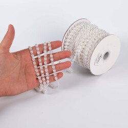 2 Metre - 6 mm Şerit Yarım İnci Boncuk, Beyaz Renk Şerit Yarım İnci Plastik Boncuk, Dizili Yarım İnci Şerit - YF Hobi