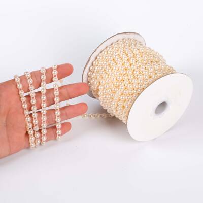 2 Metre - 6 mm Şerit Yarım İnci Boncuk, Krem Renk Şerit Yarım İnci Plastik Boncuk, Dizili Yarım İnci Şerit - 1