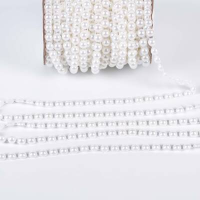 2 Metre - 8 mm Şerit Yarım İnci Boncuk, Beyaz Renk Şerit Yarım İnci Plastik Boncuk, Dizili Yarım İnci Şerit - 3