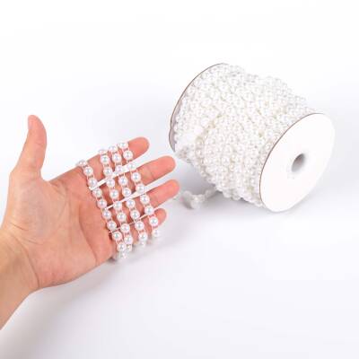 2 Metre - 8 mm Şerit Yarım İnci Boncuk, Beyaz Renk Şerit Yarım İnci Plastik Boncuk, Dizili Yarım İnci Şerit - 1