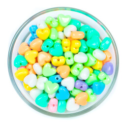 25 Gram - 10 mm Pastel Karışık Renkli Kalp Plastik Boncuk, ( 25 gram - 60-62 Adet Arası ) - YF Hobi