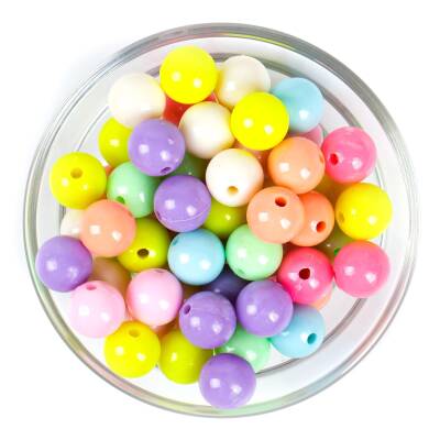 25 Gram - 12 mm Pastel Karışık Renkli Yuvarlak Plastik Boncuk, ( 25 gram - 28-30 Adet Arası ) - 1