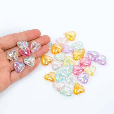 25 Gram - 17 mm Janjanlı Karışık Renk Kalp Plastik Boncuk, 1. Kalite Akrilik Boncuk (25 gram - 18 Adet) - 1