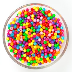 25 Gram - 4 mm Karışık Renk Yuvarlak Plastik Boncuk, 1. Kalite Boncuk, ( 25 gram - 900-930 Adet ) - YF Hobi