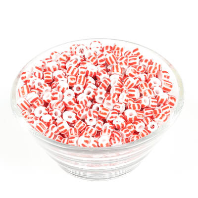 25 Gram - 5 mm Kırmızı Beyaz Çizgili Desenli Cam Kum Boncuk, Takı Yapım Boncuğu (25 gram ~ 125 Adet) - 2