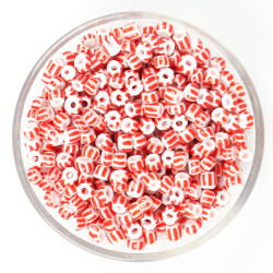 25 Gram - 5 mm Kırmızı Beyaz Çizgili Desenli Cam Kum Boncuk, Takı Yapım Boncuğu (25 gram ~ 125 Adet) - 1