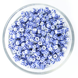 25 Gram - 5 mm Mavi Beyaz Çizgili Desenli Cam Kum Boncuk, Takı Yapım Boncuğu (25 gram ~ 125 Adet) - 1