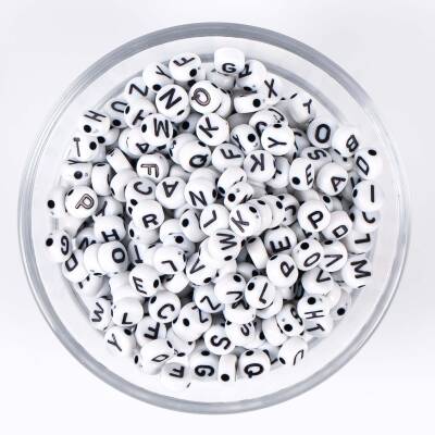 25 Gram - 7 mm Yassı Harf Boncuk, Beyaz Üzeri Siyah Harf Boncuk 1. Kalite. ( 25 Gram - 195-200 Adet ) - 4