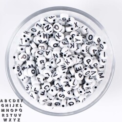 25 Gram - 7 mm Yassı Harf Boncuk, Beyaz Üzeri Siyah Harf Boncuk 1. Kalite. ( 25 Gram - 195-200 Adet ) - 1