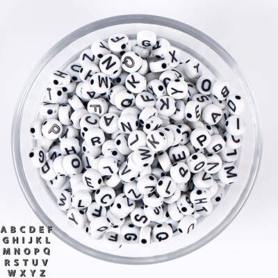 25 Gram - 7 mm Yassı Harf Boncuk, Beyaz Üzeri Siyah Harf Boncuk 1. Kalite. ( 25 Gram - 195-200 Adet ) - 1