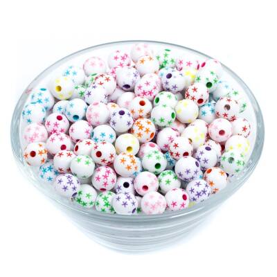 25 Gram - 8 mm Karışık Renk Yıldızlı Desenli Yuvarlak Plastik Boncuk, 1. Kalite Boncuk, (25 gram - 83-88 Adet) - 2