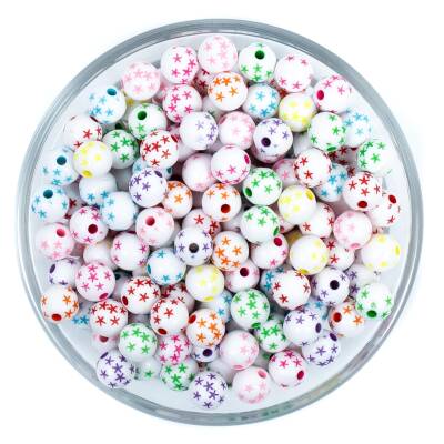 25 Gram - 8 mm Karışık Renk Yıldızlı Desenli Yuvarlak Plastik Boncuk, 1. Kalite Boncuk, (25 gram - 83-88 Adet) - 1